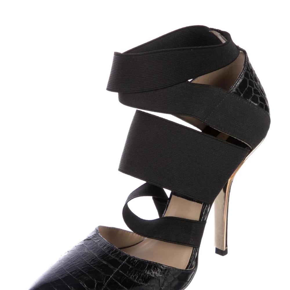 Michael Kors Black Elastic Strappy Heels with Genuine Snakeskin Toe and Heels